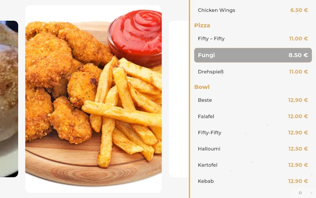 InSoft Screen photo-and-list board: chicken nuggets and fries beside pizza and bowl prices