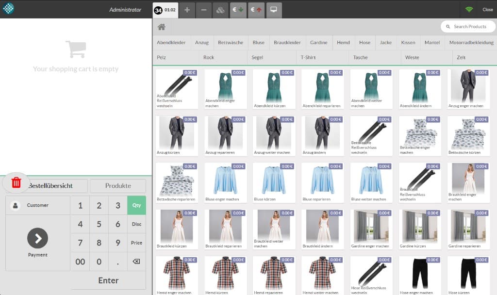 InSoft service POS alterations catalog: clothing repair jobs with photos and prices on Android