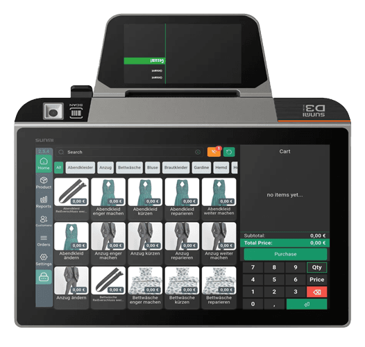 InSoft service POS on a Sunmi D3 Android till with customer display, alterations catalog on screen