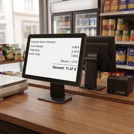 Customer-facing supermarket display showing line items, tax and total, with a receipt printer and scale at the till