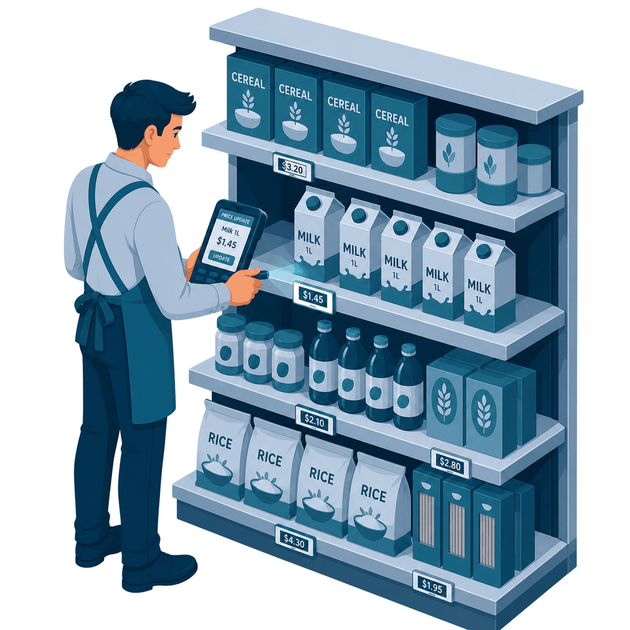 A shop worker checking shelf prices in the aisle with a handheld label device