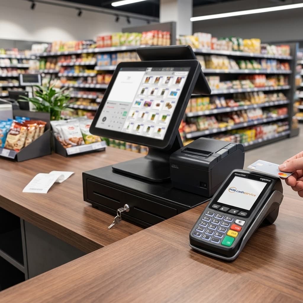 InSoft POS-Kasse mit Kartenterminal: kontaktlose Zahlung an einer Supermarktkasse mit Kassenschublade und Bondrucker