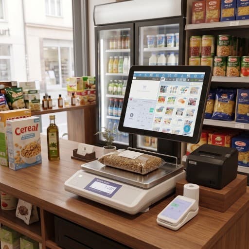Windows supermarket till with a counter scale weighing a bag of grain, InSoft POS on a landscape screen, receipt printer and card terminal